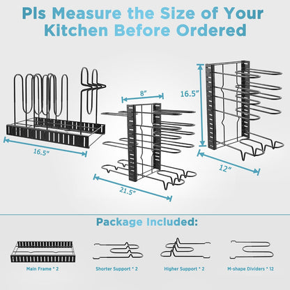 Pots and Pans Organizer Under Cabinet 15.8", 8-Tier Adjustable Black