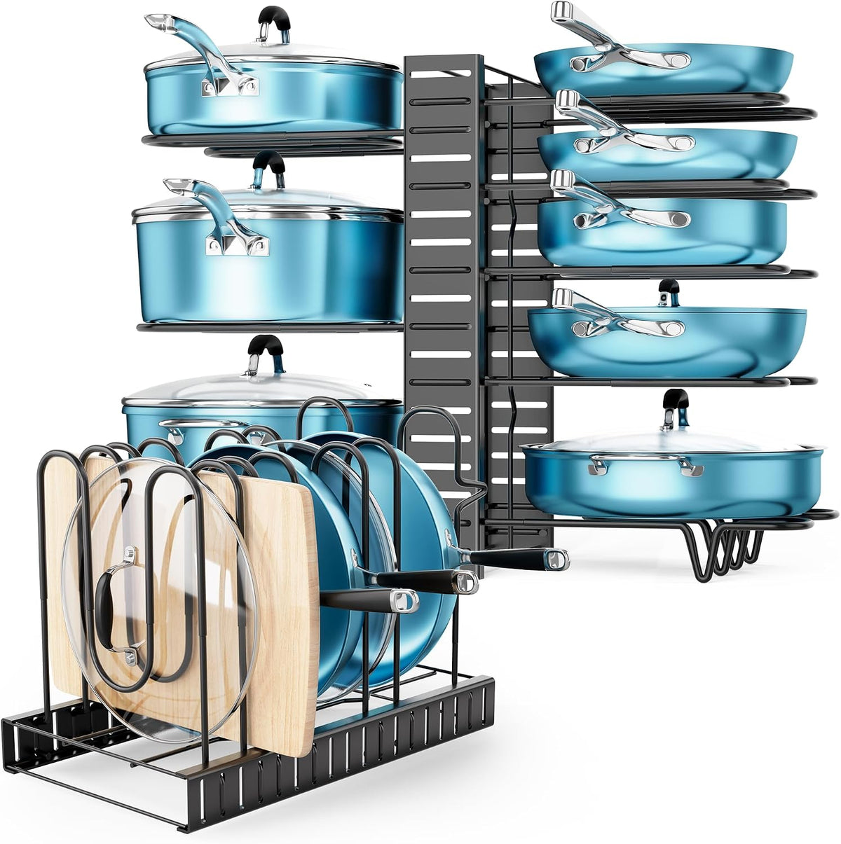 Pots and Pans Organizer Under Cabinet 15.8", 8-Tier Adjustable Black