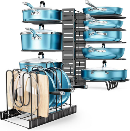 Pots and Pans Organizer Under Cabinet 15.8", 8-Tier Adjustable Black