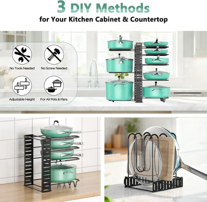 Pots and Pans Organizer Under Cabinet 15.8", 8-Tier Adjustable Black