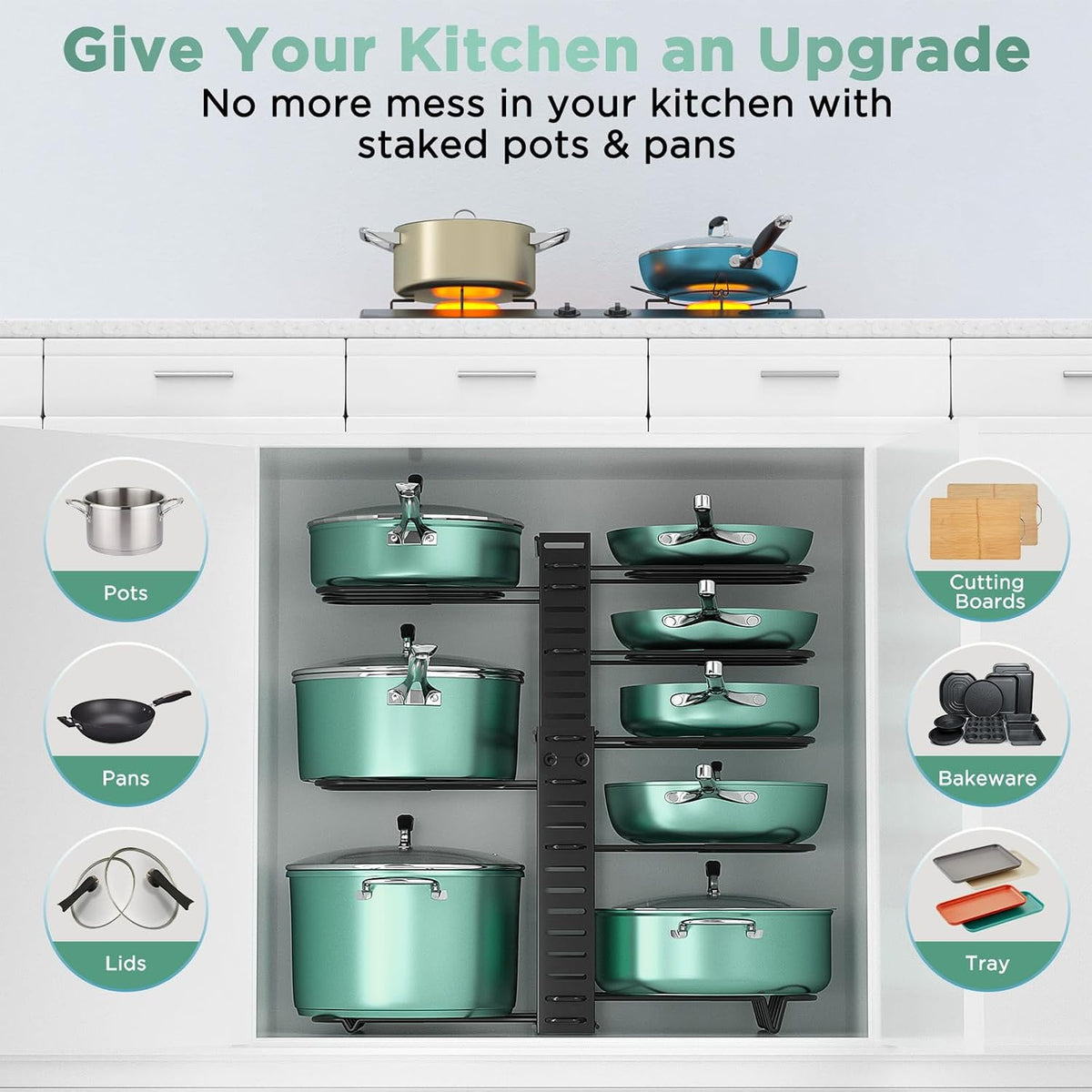 Pots and Pans Organizer Under Cabinet 15.8", 8-Tier Adjustable Black