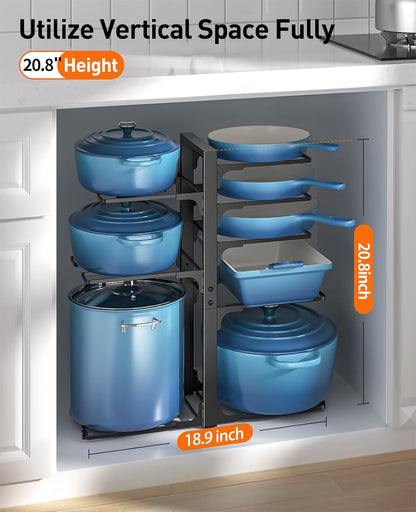 Pots and Pans Organizer Under Cabinet 15.8", 8-Tier Adjustable Black