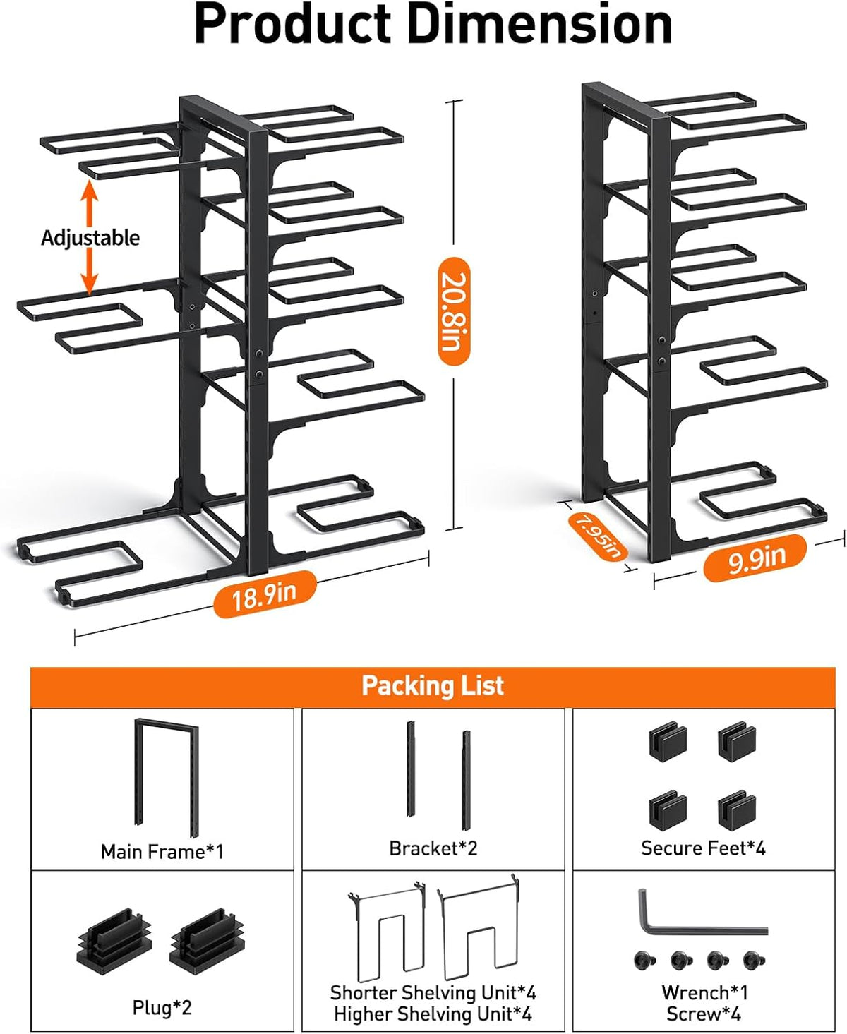 Pots and Pans Organizer Under Cabinet 15.8", 8-Tier Adjustable Black
