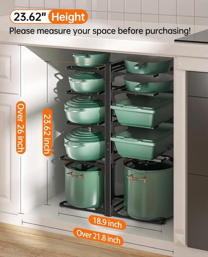 Pots and Pans Organizer Under Cabinet 15.8", 8-Tier Adjustable Black