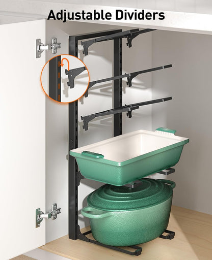 Pots and Pans Organizer Under Cabinet 15.8", 8-Tier Adjustable Black