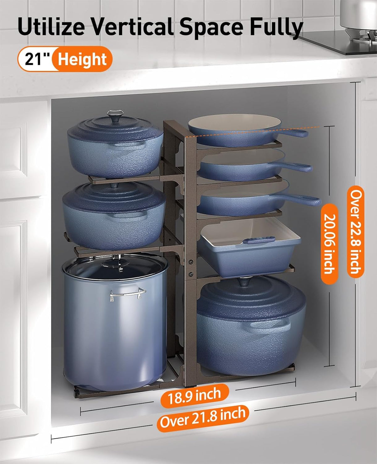 Pots and Pans Organizer Under Cabinet 15.8", 8-Tier Adjustable Black