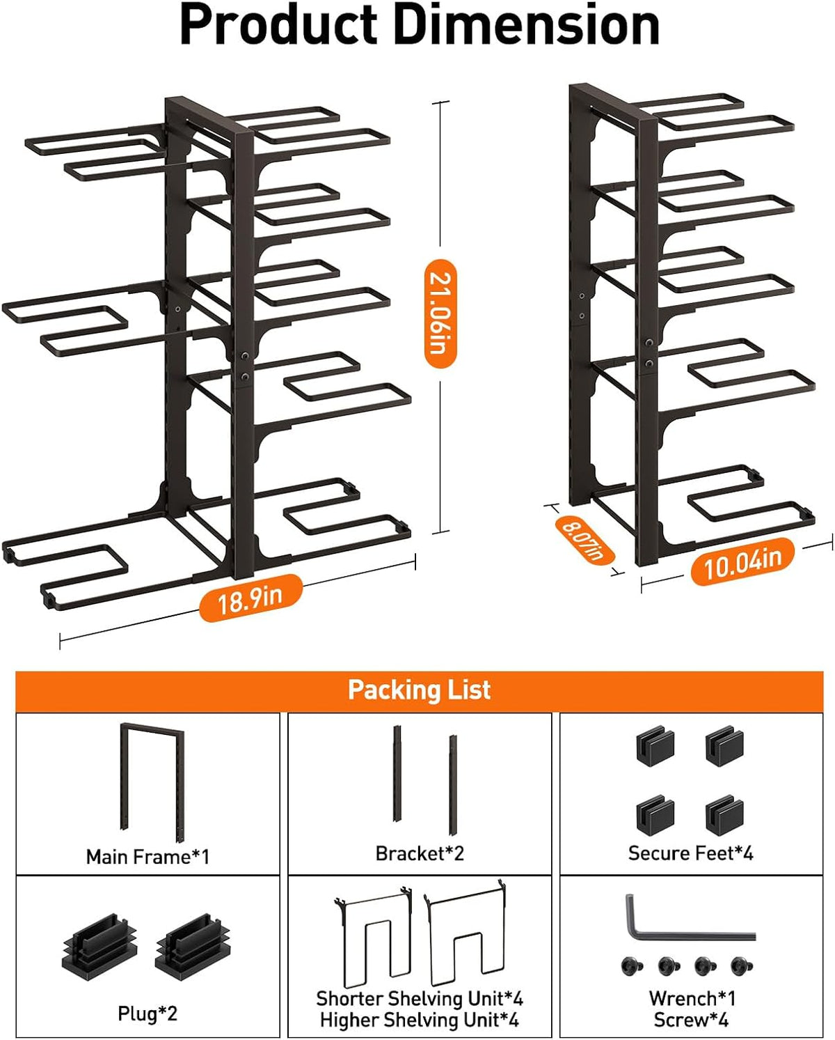 Pots and Pans Organizer Under Cabinet 15.8", 8-Tier Adjustable Black