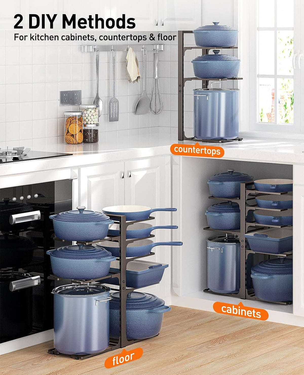 Pots and Pans Organizer Under Cabinet 15.8", 8-Tier Adjustable Black