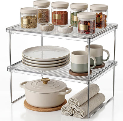 2-Pack Clear Cabinet Organizer Shelves, Stackable Kitchen Cabinet Shelf Risers and Foldable Pantry Shelf Risers for Cupboards and Spices