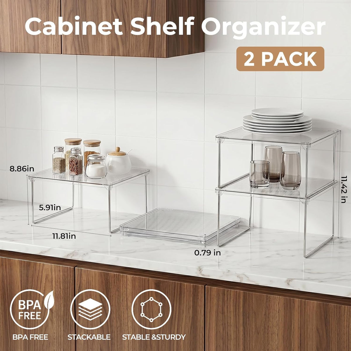 2-Pack Clear Cabinet Organizer Shelves, Stackable Kitchen Cabinet Shelf Risers and Foldable Pantry Shelf Risers for Cupboards and Spices