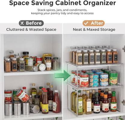 2-Pack Clear Cabinet Organizer Shelves, Stackable Kitchen Cabinet Shelf Risers and Foldable Pantry Shelf Risers for Cupboards and Spices