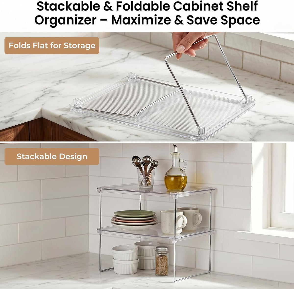 2-Pack Clear Cabinet Organizer Shelves, Stackable Kitchen Cabinet Shelf Risers and Foldable Pantry Shelf Risers for Cupboards and Spices
