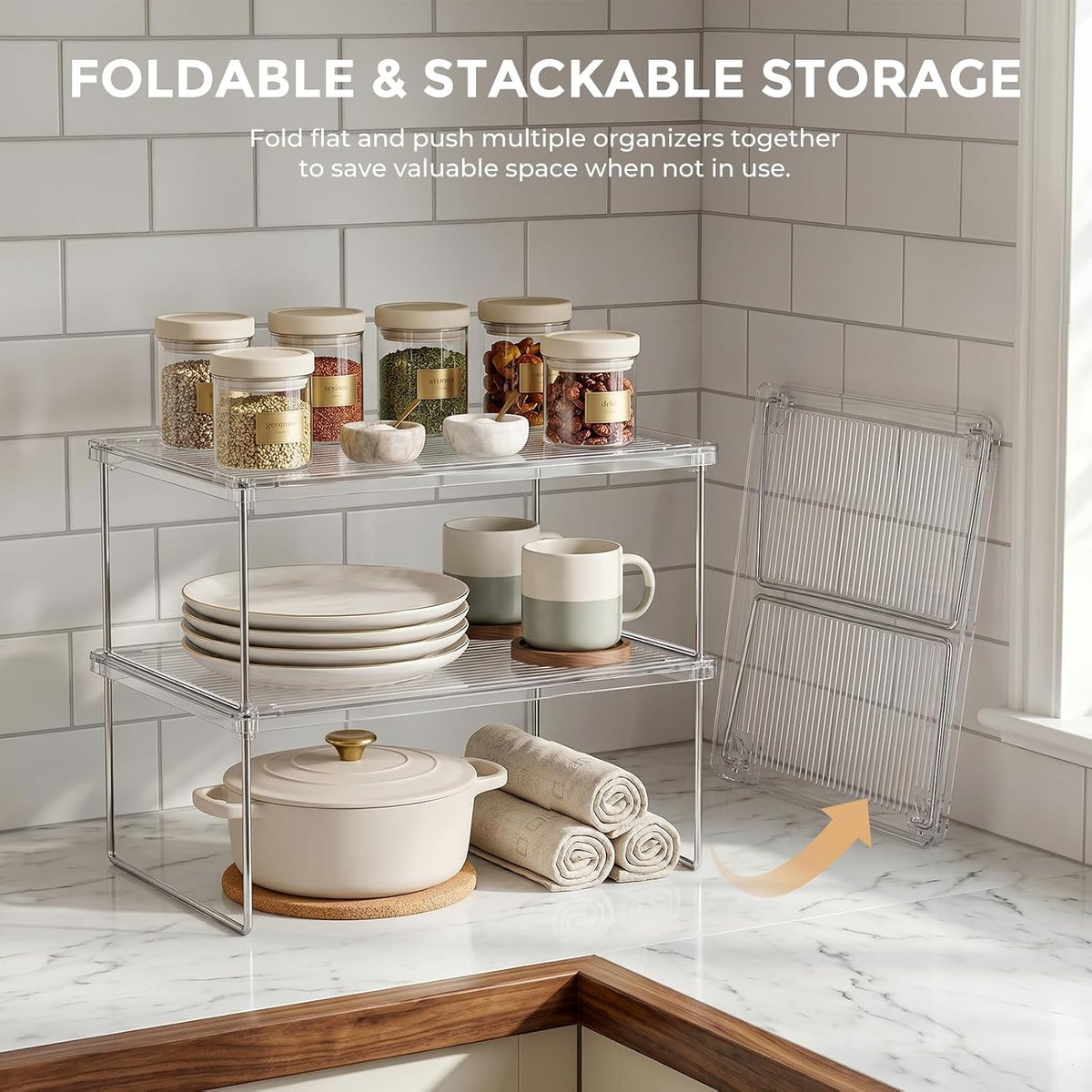 2-Pack Clear Cabinet Organizer Shelves, Stackable Kitchen Cabinet Shelf Risers and Foldable Pantry Shelf Risers for Cupboards and Spices