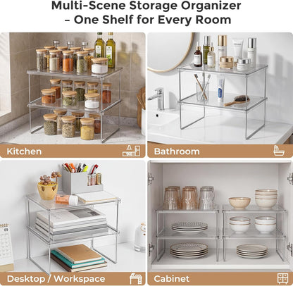 2-Pack Clear Cabinet Organizer Shelves, Stackable Kitchen Cabinet Shelf Risers and Foldable Pantry Shelf Risers for Cupboards and Spices