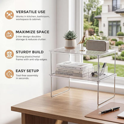 2-Pack Clear Cabinet Organizer Shelves, Stackable Kitchen Cabinet Shelf Risers and Foldable Pantry Shelf Risers for Cupboards and Spices