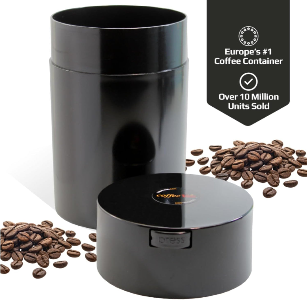 COFFEEVAC 1 LB Airtight Coffee Bean Storage Container, Patented Vacuum Seal, Coffee Grounds Container, 1.85L, Smell Proof, Black Cap and Body