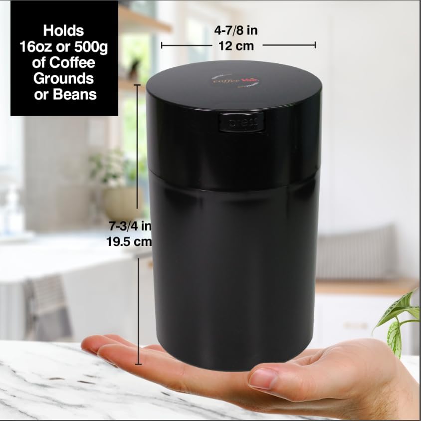 COFFEEVAC 1 LB Airtight Coffee Bean Storage Container, Patented Vacuum Seal, Coffee Grounds Container, 1.85L, Smell Proof, Black Cap and Body