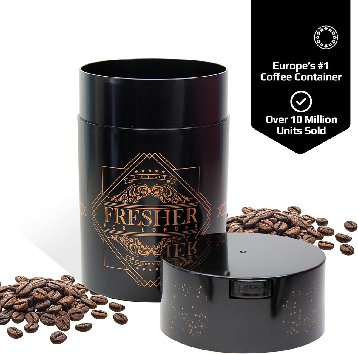 COFFEEVAC 1 LB Airtight Coffee Bean Storage Container, Patented Vacuum Seal, Coffee Grounds Container, 1.85L, Smell Proof, Black Cap and Body