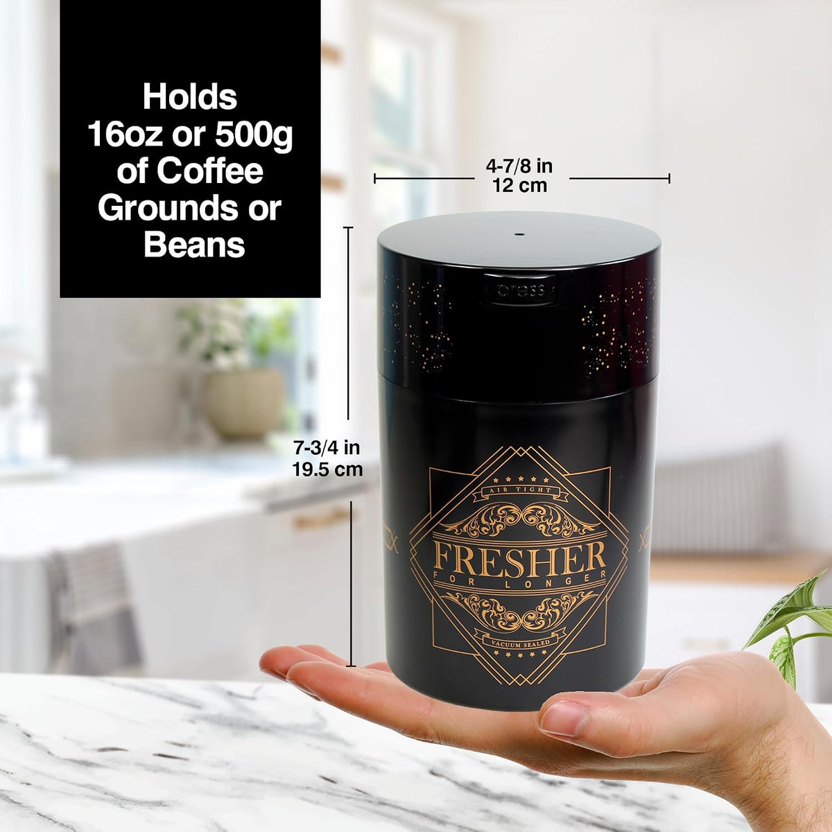 COFFEEVAC 1 LB Airtight Coffee Bean Storage Container, Patented Vacuum Seal, Coffee Grounds Container, 1.85L, Smell Proof, Black Cap and Body