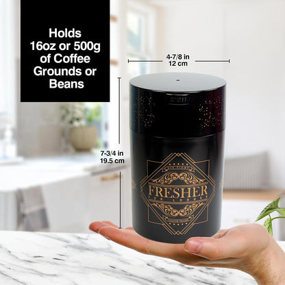 COFFEEVAC 1 LB Airtight Coffee Bean Storage Container, Patented Vacuum Seal, Coffee Grounds Container, 1.85L, Smell Proof, Black Cap and Body