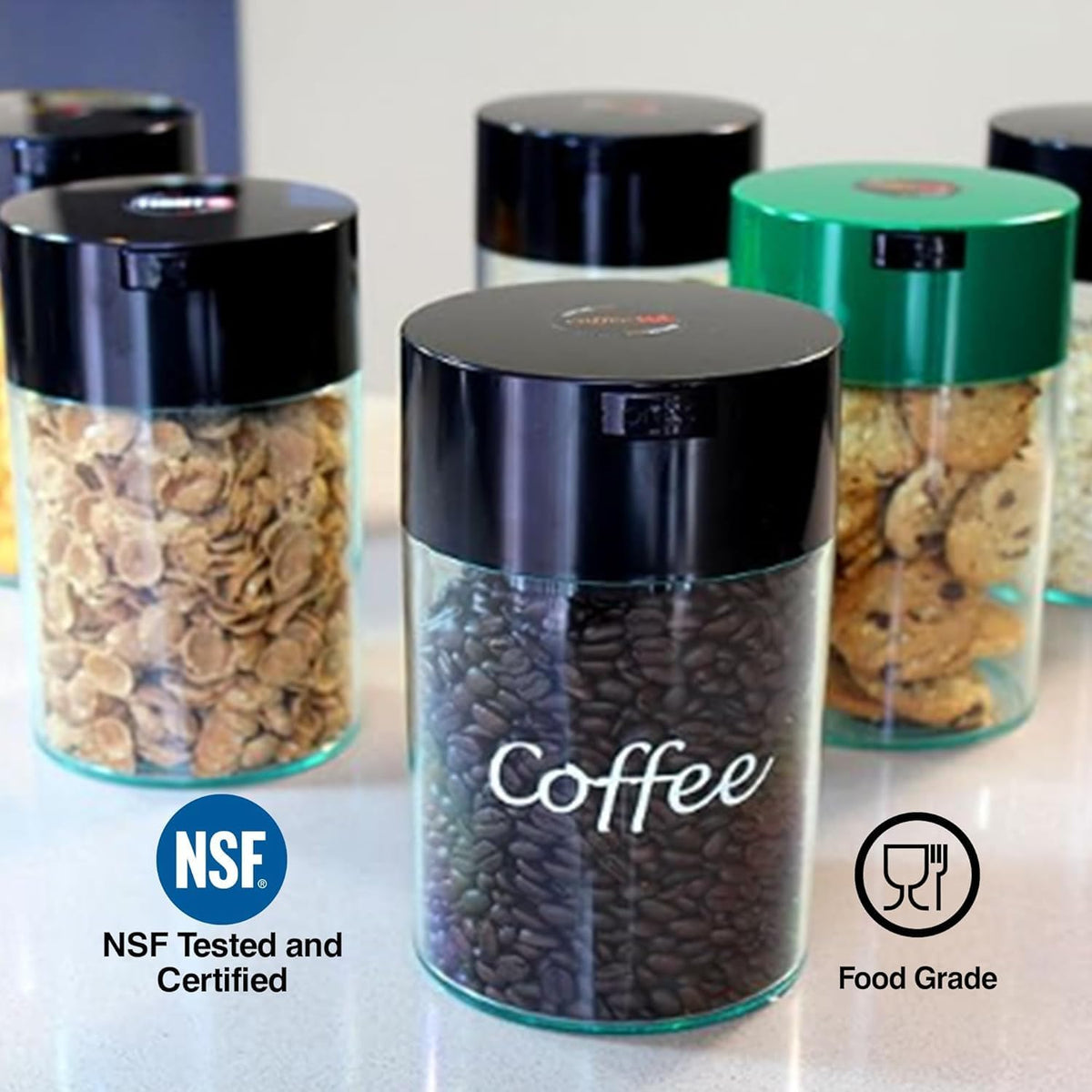 COFFEEVAC 1 LB Airtight Coffee Bean Storage Container, Patented Vacuum Seal, Coffee Grounds Container, 1.85L, Smell Proof, Black Cap and Body