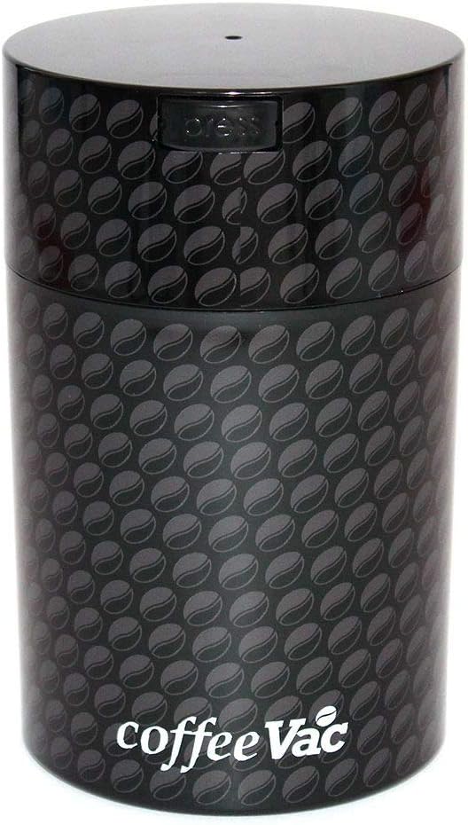 COFFEEVAC 1 LB Airtight Coffee Bean Storage Container, Patented Vacuum Seal, Coffee Grounds Container, 1.85L, Smell Proof, Black Cap and Body