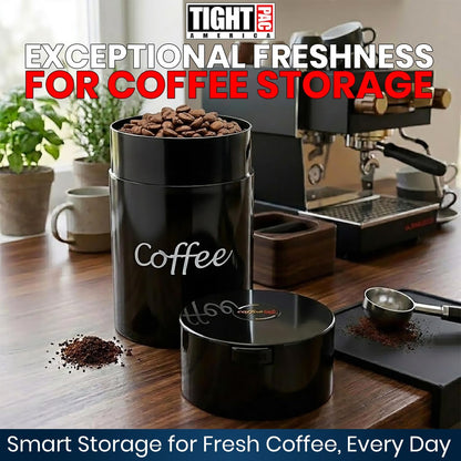 COFFEEVAC 1 LB Airtight Coffee Bean Storage Container, Patented Vacuum Seal, Coffee Grounds Container, 1.85L, Smell Proof, Black Cap and Body