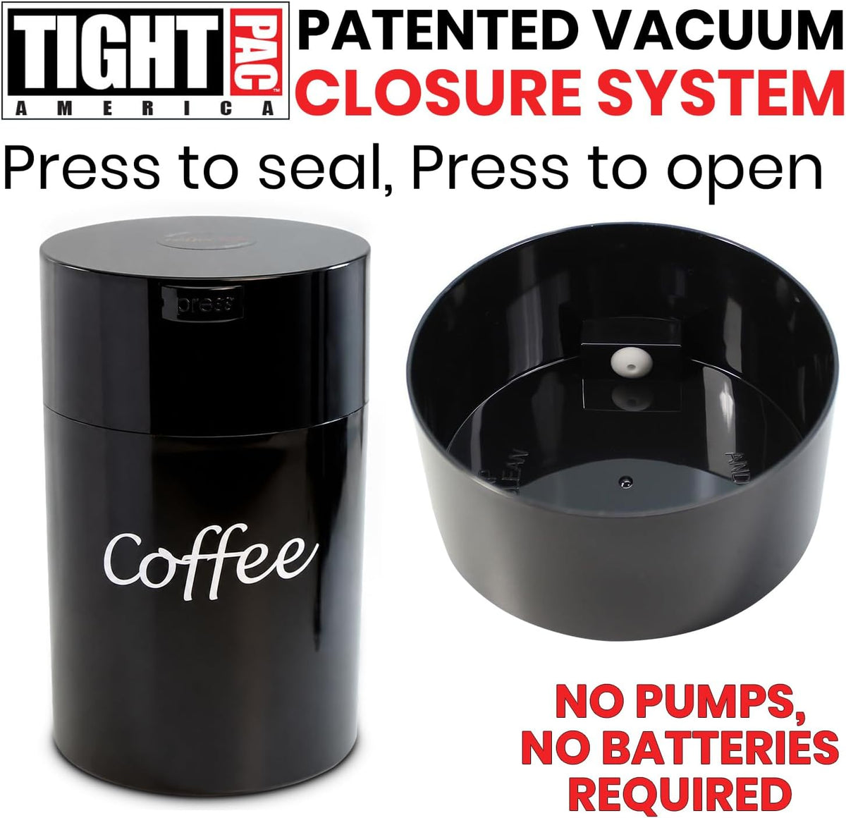 COFFEEVAC 1 LB Airtight Coffee Bean Storage Container, Patented Vacuum Seal, Coffee Grounds Container, 1.85L, Smell Proof, Black Cap and Body