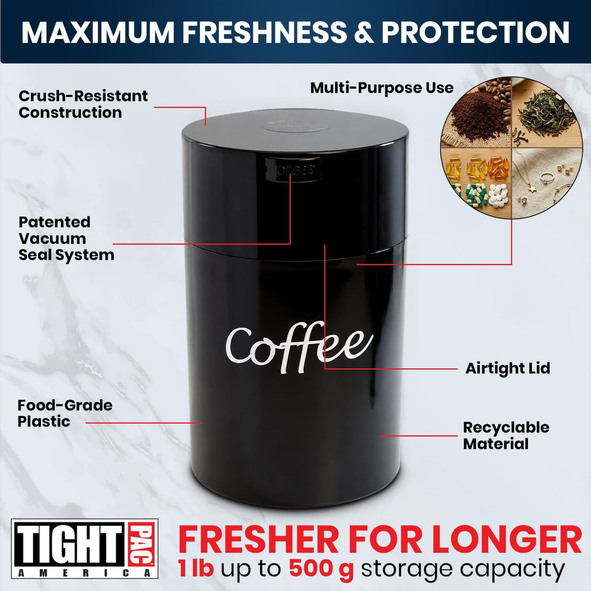 COFFEEVAC 1 LB Airtight Coffee Bean Storage Container, Patented Vacuum Seal, Coffee Grounds Container, 1.85L, Smell Proof, Black Cap and Body