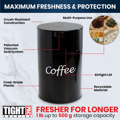 COFFEEVAC 1 LB Airtight Coffee Bean Storage Container, Patented Vacuum Seal, Coffee Grounds Container, 1.85L, Smell Proof, Black Cap and Body