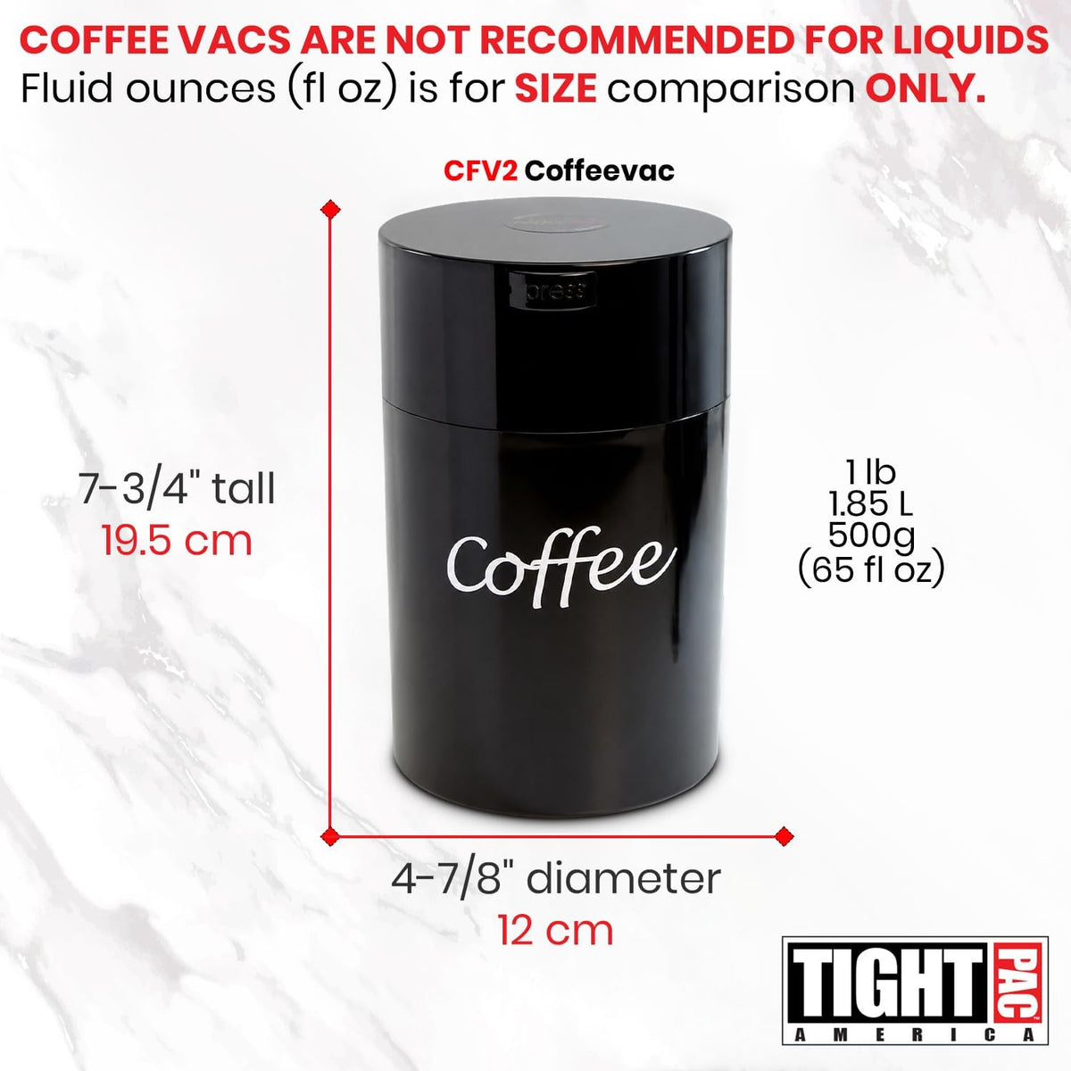 COFFEEVAC 1 LB Airtight Coffee Bean Storage Container, Patented Vacuum Seal, Coffee Grounds Container, 1.85L, Smell Proof, Black Cap and Body