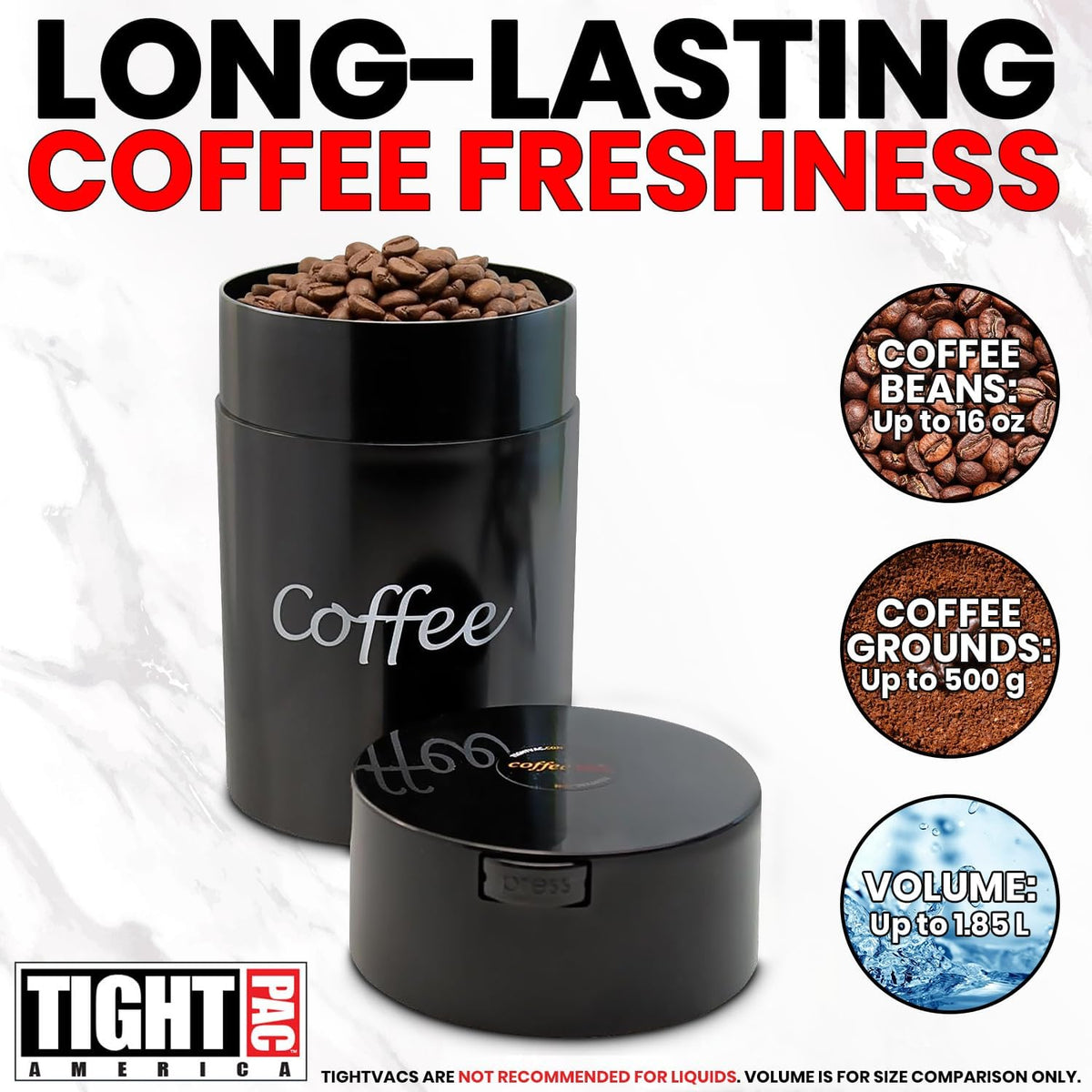 COFFEEVAC 1 LB Airtight Coffee Bean Storage Container, Patented Vacuum Seal, Coffee Grounds Container, 1.85L, Smell Proof, Black Cap and Body