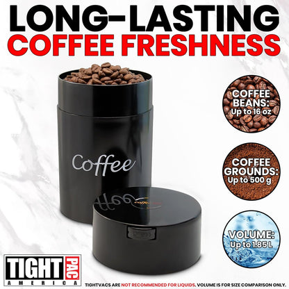 COFFEEVAC 1 LB Airtight Coffee Bean Storage Container, Patented Vacuum Seal, Coffee Grounds Container, 1.85L, Smell Proof, Black Cap and Body