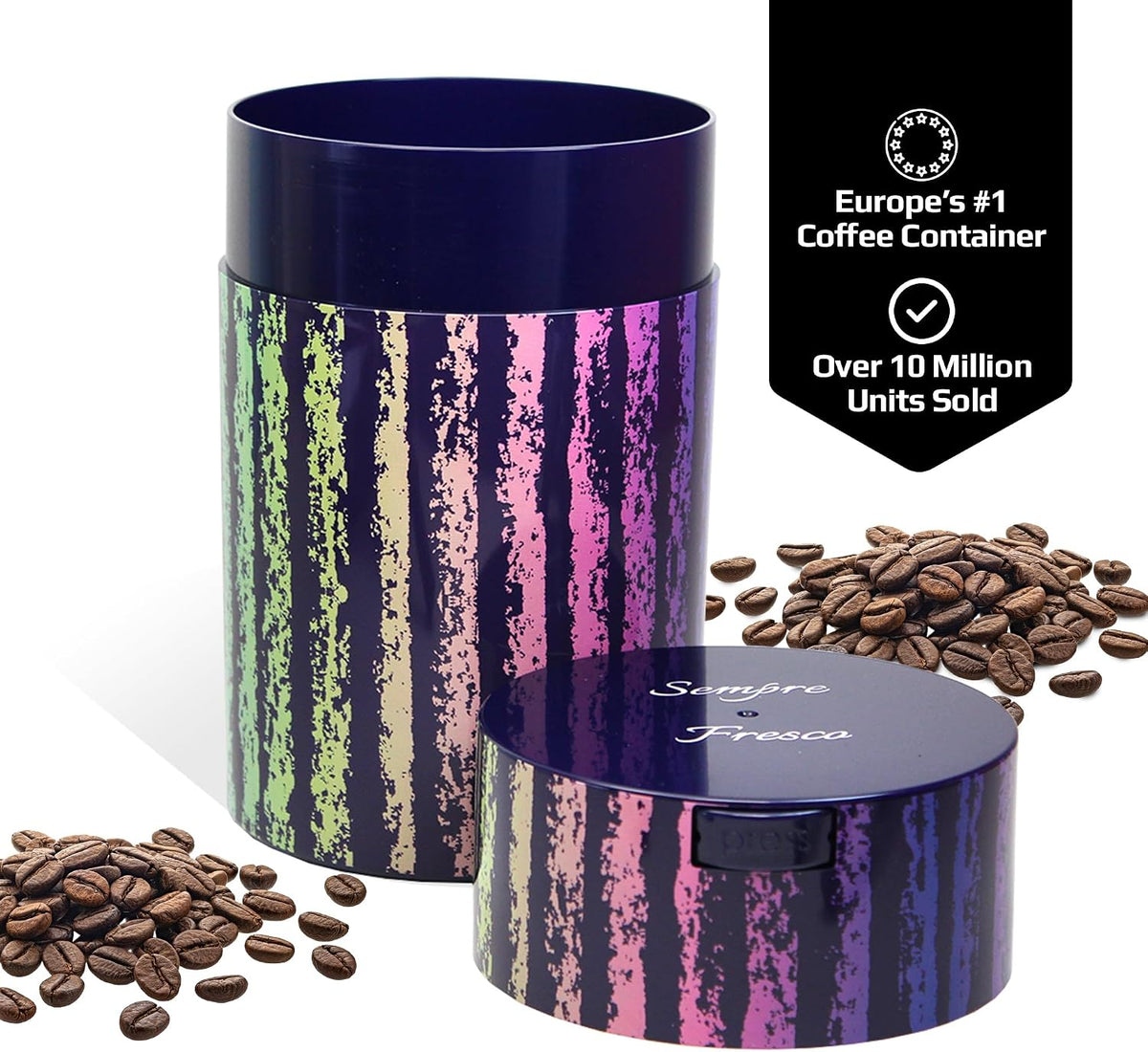 COFFEEVAC 1 LB Airtight Coffee Bean Storage Container, Patented Vacuum Seal, Coffee Grounds Container, 1.85L, Smell Proof, Black Cap and Body