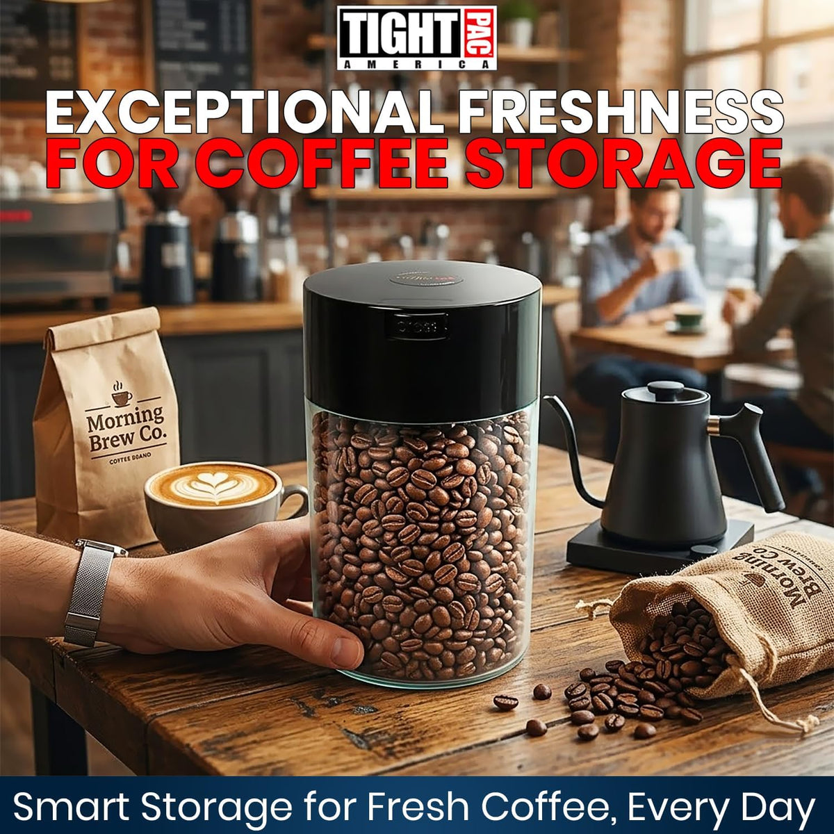 COFFEEVAC 1 LB Airtight Coffee Bean Storage Container, Patented Vacuum Seal, Coffee Grounds Container, 1.85L, Smell Proof, Black Cap and Body