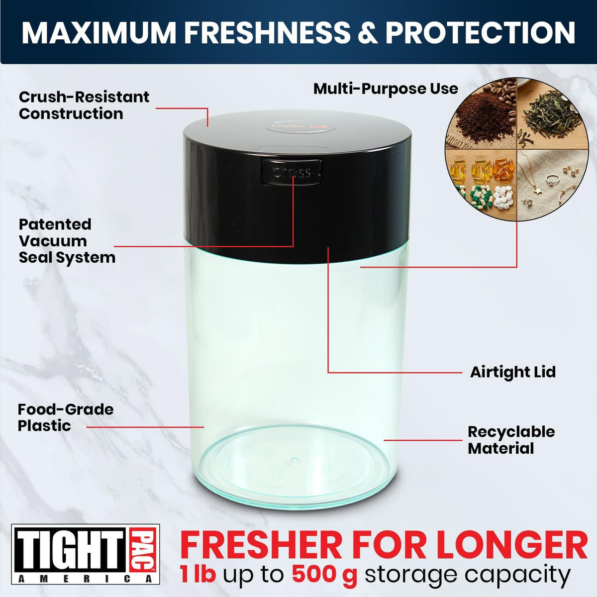 COFFEEVAC 1 LB Airtight Coffee Bean Storage Container, Patented Vacuum Seal, Coffee Grounds Container, 1.85L, Smell Proof, Black Cap and Body