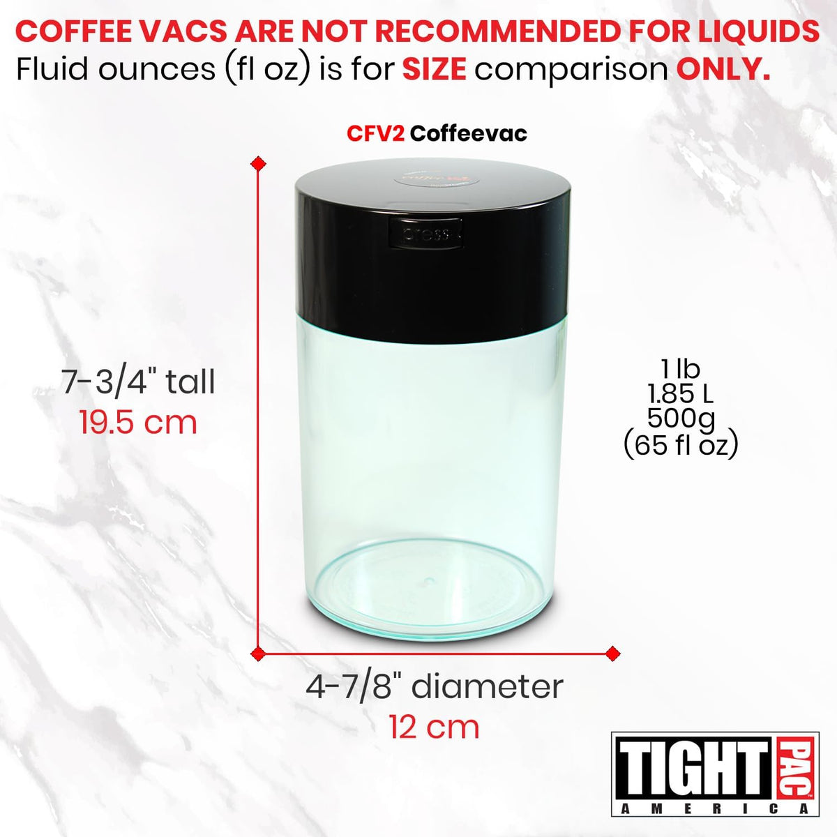 COFFEEVAC 1 LB Airtight Coffee Bean Storage Container, Patented Vacuum Seal, Coffee Grounds Container, 1.85L, Smell Proof, Black Cap and Body
