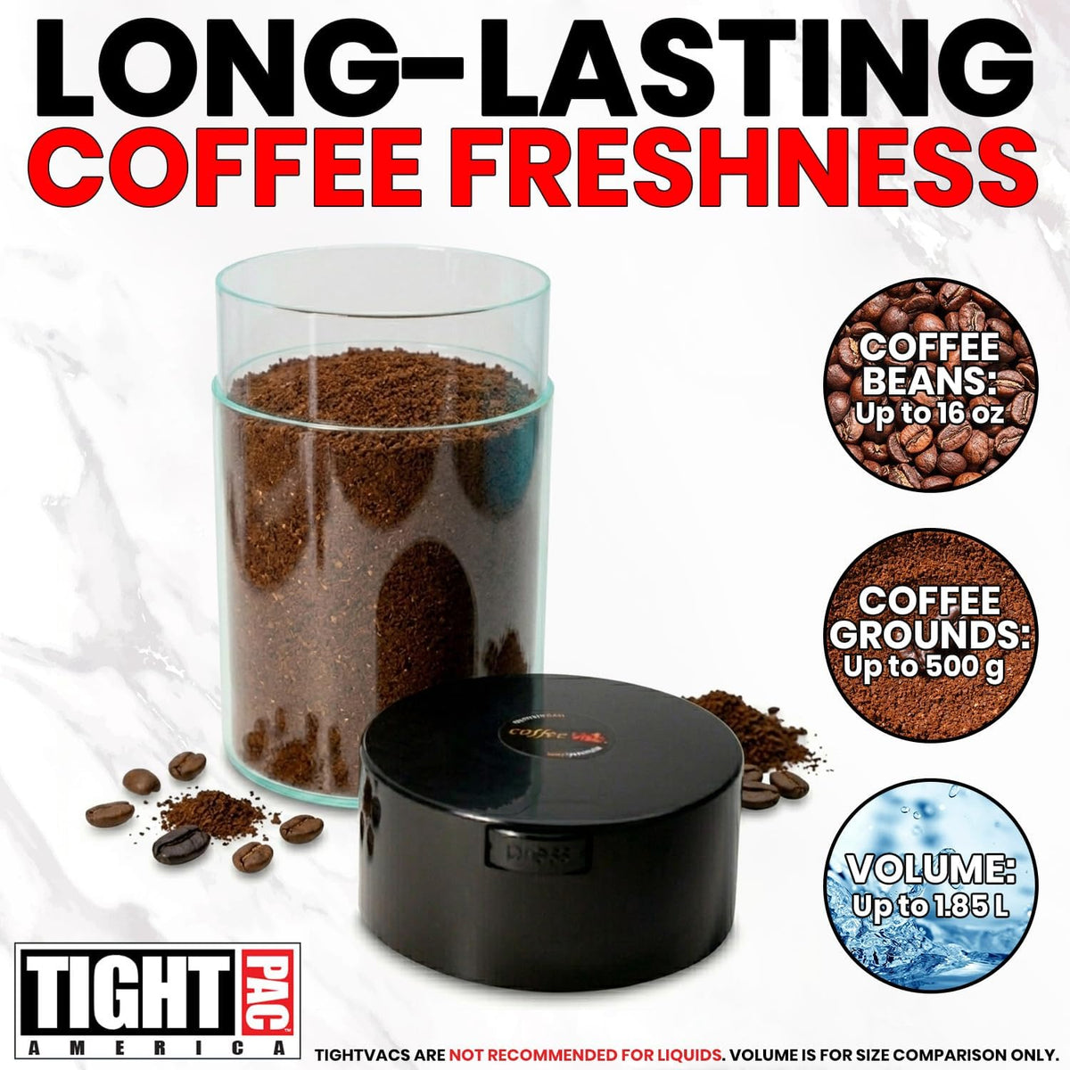 COFFEEVAC 1 LB Airtight Coffee Bean Storage Container, Patented Vacuum Seal, Coffee Grounds Container, 1.85L, Smell Proof, Black Cap and Body