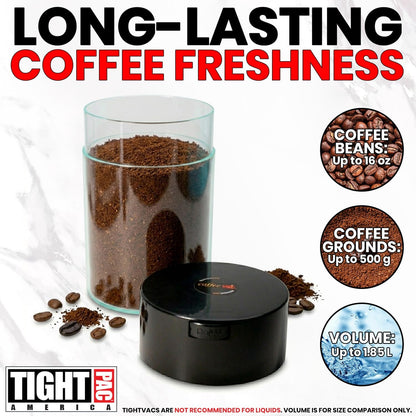 COFFEEVAC 1 LB Airtight Coffee Bean Storage Container, Patented Vacuum Seal, Coffee Grounds Container, 1.85L, Smell Proof, Black Cap and Body