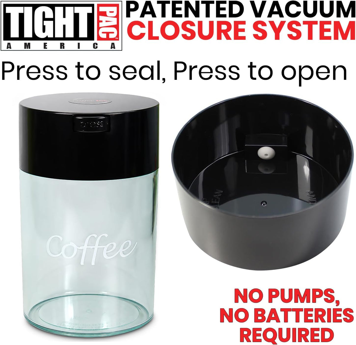 COFFEEVAC 1 LB Airtight Coffee Bean Storage Container, Patented Vacuum Seal, Coffee Grounds Container, 1.85L, Smell Proof, Black Cap and Body