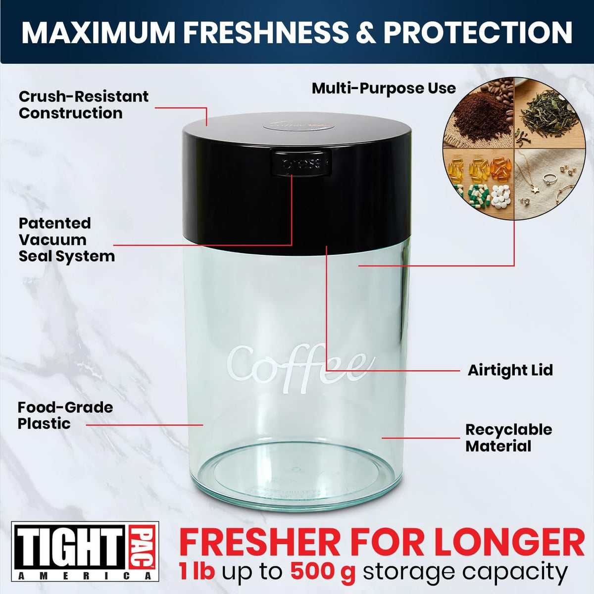 COFFEEVAC 1 LB Airtight Coffee Bean Storage Container, Patented Vacuum Seal, Coffee Grounds Container, 1.85L, Smell Proof, Black Cap and Body