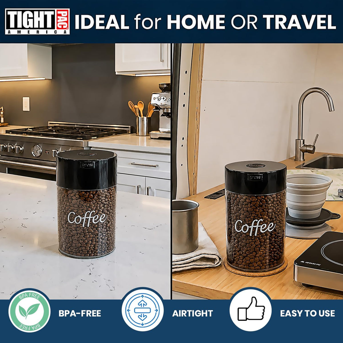 COFFEEVAC 1 LB Airtight Coffee Bean Storage Container, Patented Vacuum Seal, Coffee Grounds Container, 1.85L, Smell Proof, Black Cap and Body