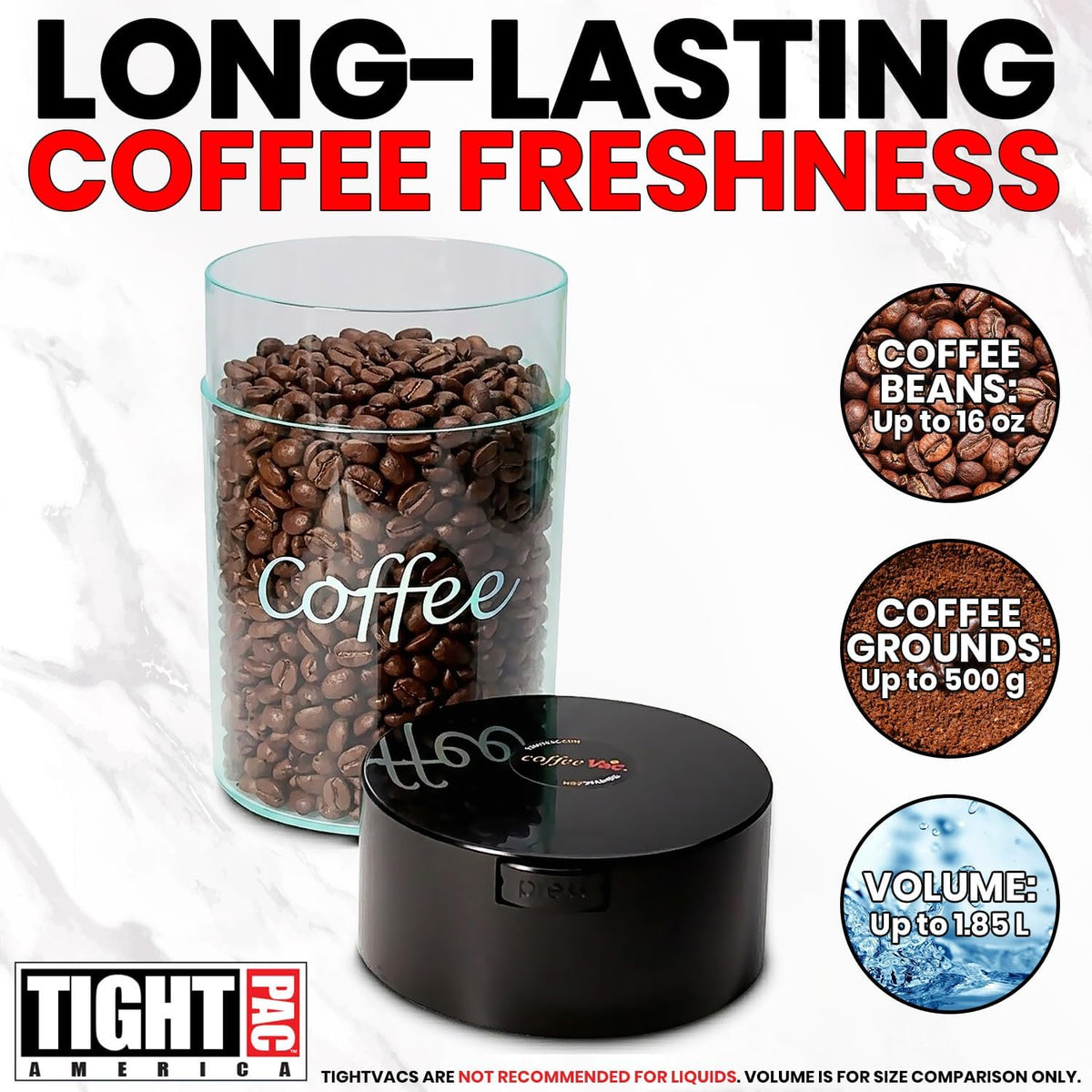 COFFEEVAC 1 LB Airtight Coffee Bean Storage Container, Patented Vacuum Seal, Coffee Grounds Container, 1.85L, Smell Proof, Black Cap and Body