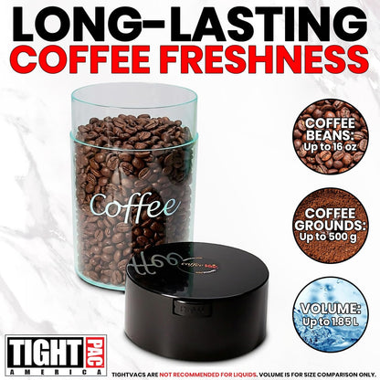 COFFEEVAC 1 LB Airtight Coffee Bean Storage Container, Patented Vacuum Seal, Coffee Grounds Container, 1.85L, Smell Proof, Black Cap and Body