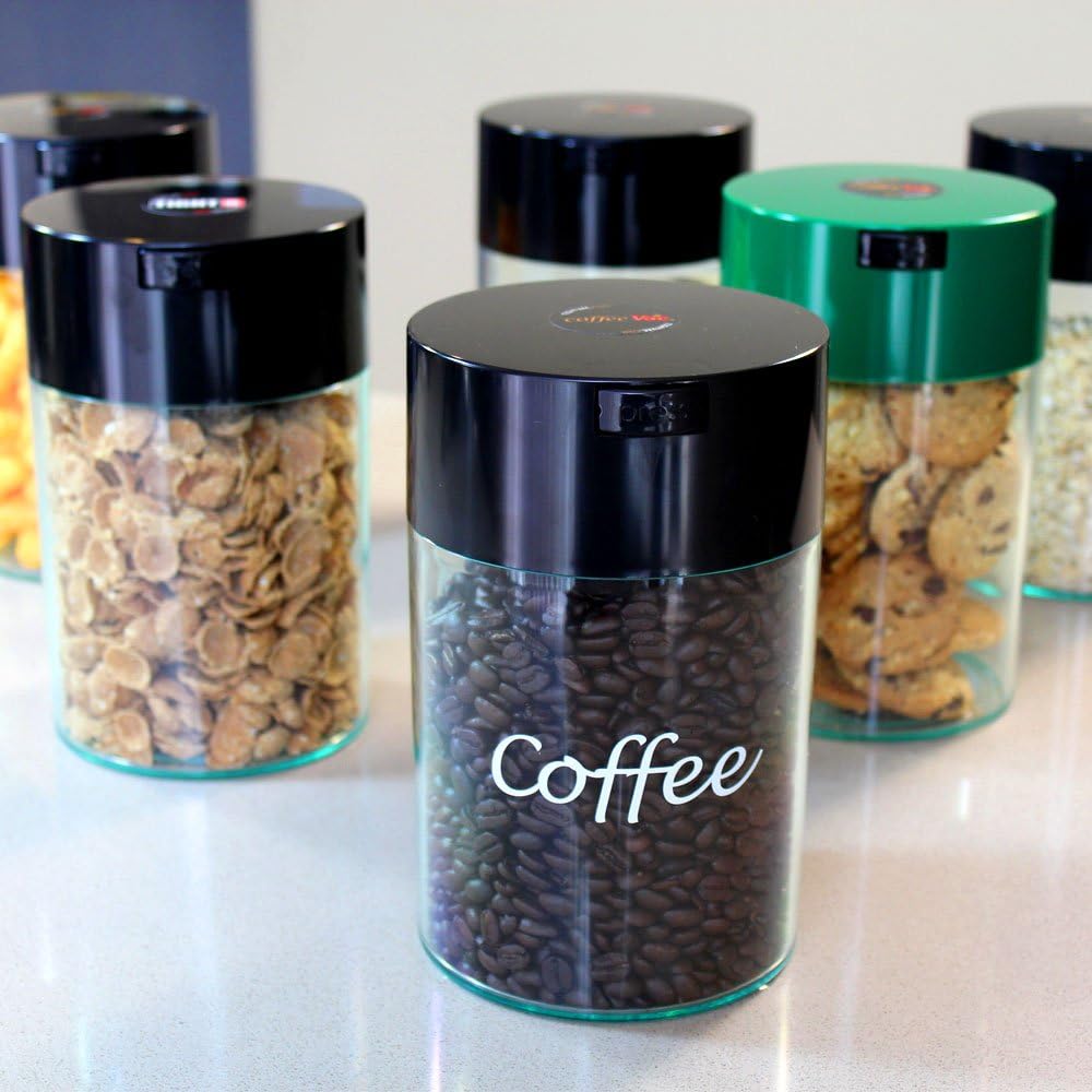 COFFEEVAC 1 LB Airtight Coffee Bean Storage Container, Patented Vacuum Seal, Coffee Grounds Container, 1.85L, Smell Proof, Black Cap and Body
