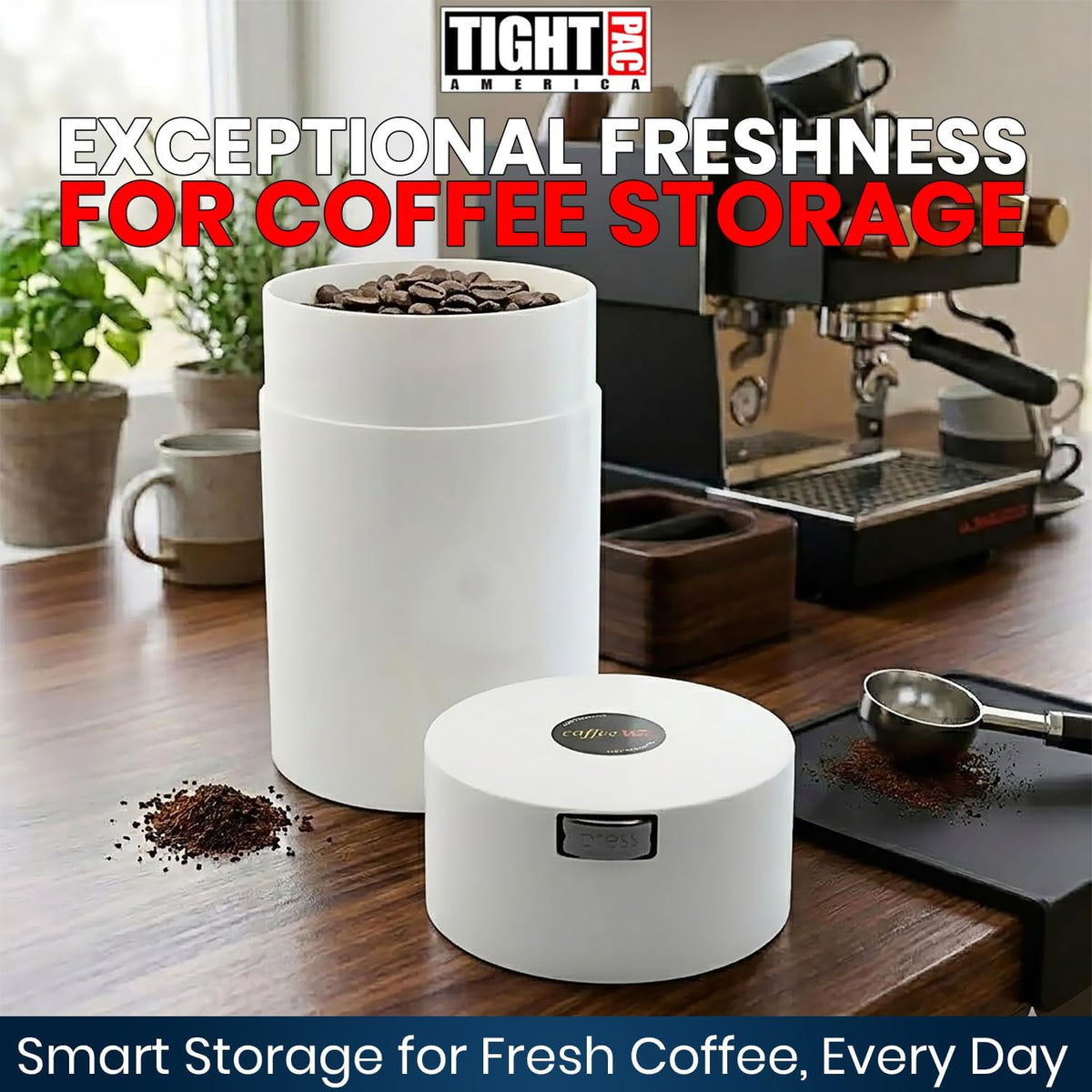 COFFEEVAC 1 LB Airtight Coffee Bean Storage Container, Patented Vacuum Seal, Coffee Grounds Container, 1.85L, Smell Proof, Black Cap and Body
