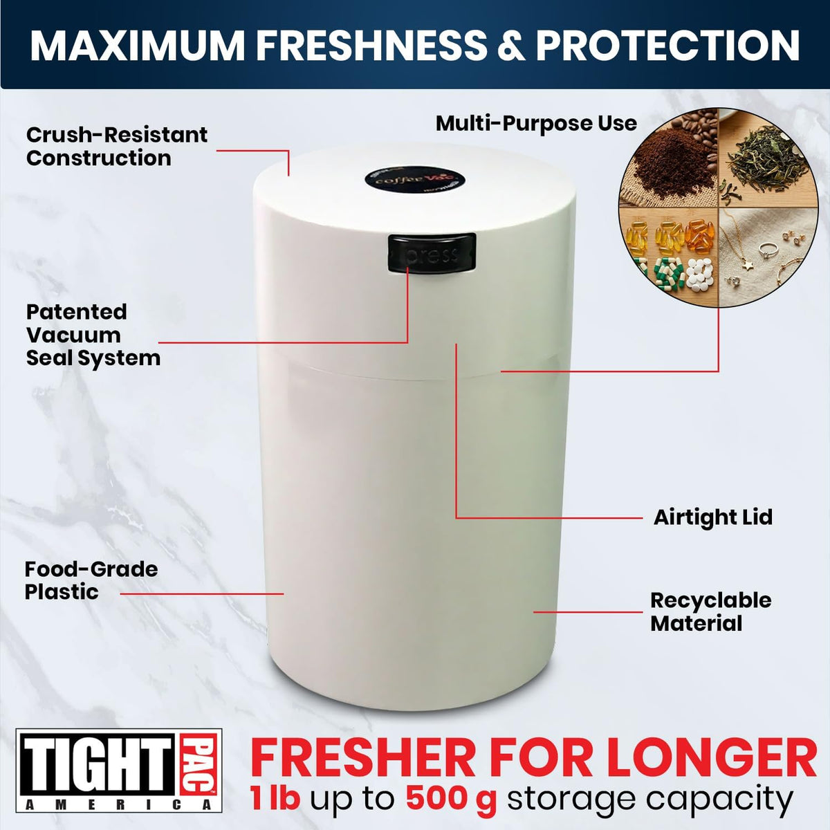 COFFEEVAC 1 LB Airtight Coffee Bean Storage Container, Patented Vacuum Seal, Coffee Grounds Container, 1.85L, Smell Proof, Black Cap and Body