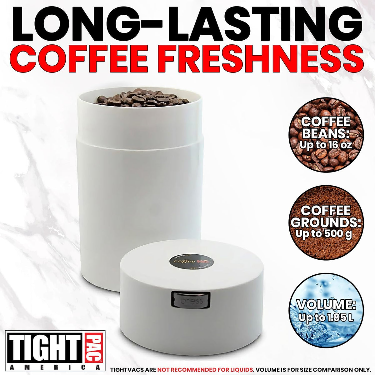 COFFEEVAC 1 LB Airtight Coffee Bean Storage Container, Patented Vacuum Seal, Coffee Grounds Container, 1.85L, Smell Proof, Black Cap and Body