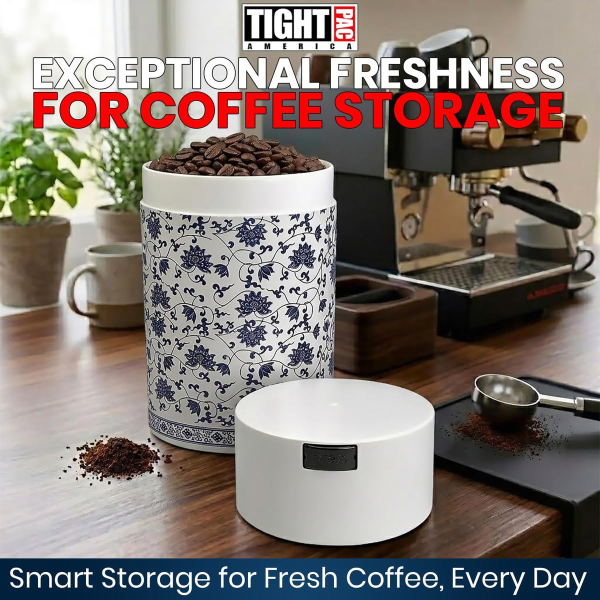 COFFEEVAC 1 LB Airtight Coffee Bean Storage Container, Patented Vacuum Seal, Coffee Grounds Container, 1.85L, Smell Proof, Black Cap and Body