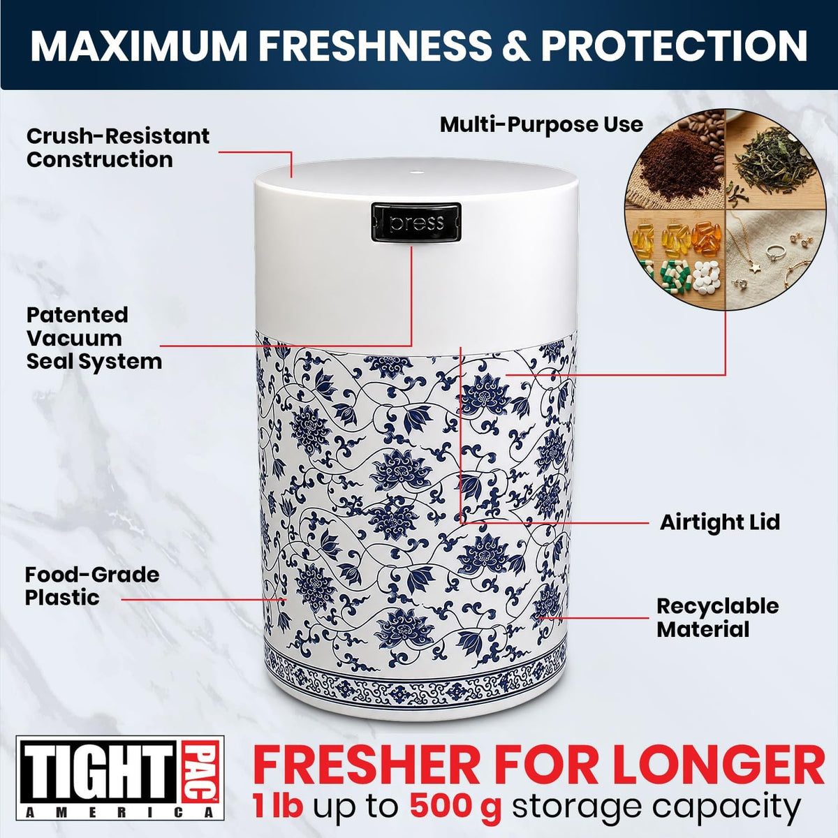 COFFEEVAC 1 LB Airtight Coffee Bean Storage Container, Patented Vacuum Seal, Coffee Grounds Container, 1.85L, Smell Proof, Black Cap and Body